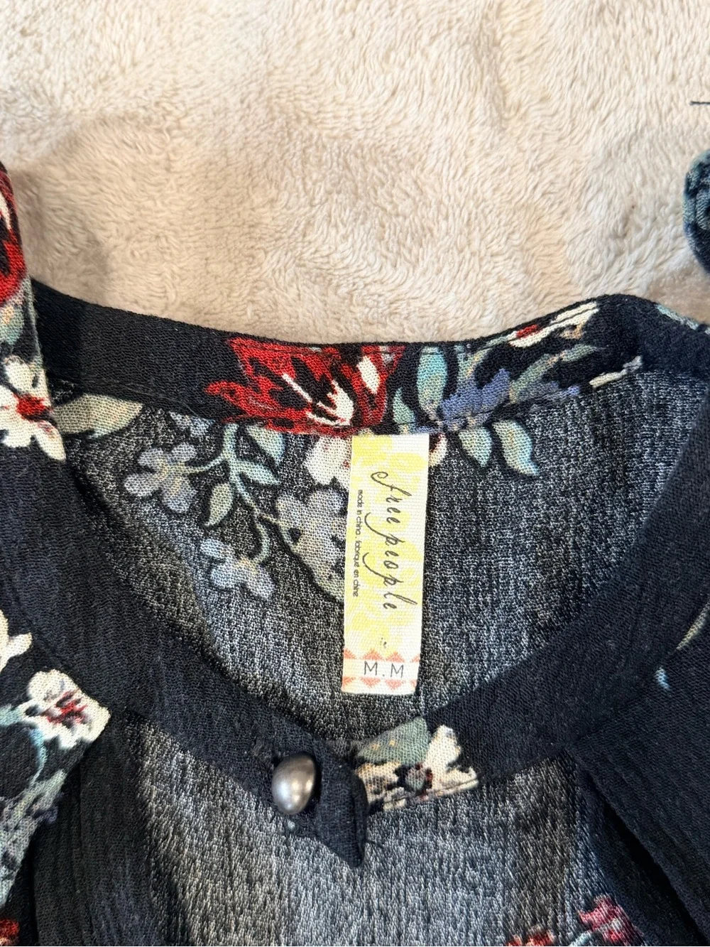 Free People Relaxed Black Floral Keyhole Boho Tunic Mini Dress Size Medium
